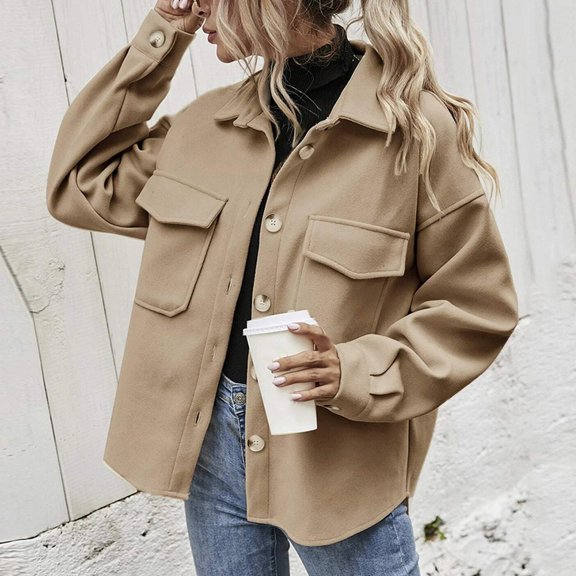 AOOCHASLIY 2023 Women Winter Coat Women Fashion Casual Solid Color Buttons Tops Turndown Collar Long Sleeve Hoodless Casual Outwear