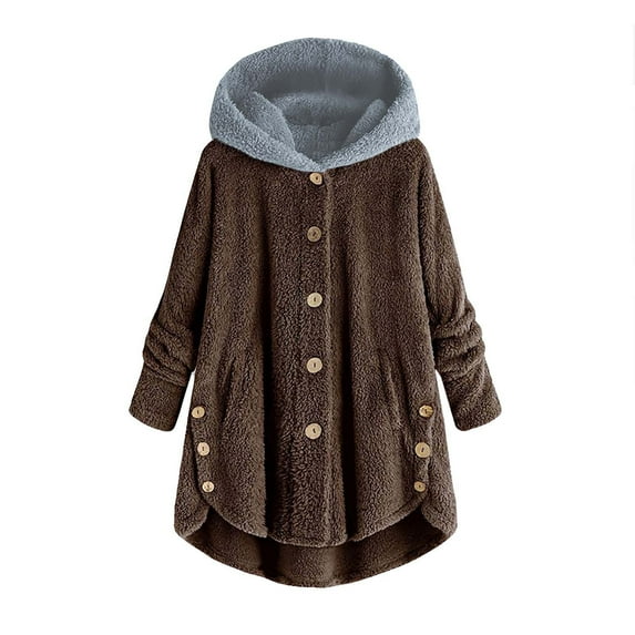 AOOCHASLIY 2023 Women Winter Coat Women Plus Size Button Plush Tops Hooded Loose Cardigan Wool Coat Winter Jacket