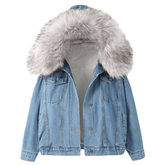 AOOCHASLIY 2023 Women Winter Coat Women Warm and Versatile Spliced Lamb Hair Thickened Plush Denim Jacket with A Hat Thickened Plush Collar