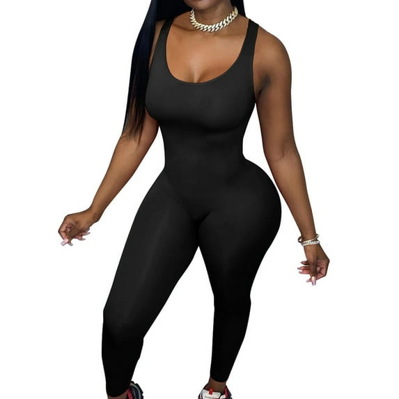 AOOCHASLIY 2023 Women's Pants Fashion Women Solid Round Neck Sleeveless Tank Casual Slim Elastic Jumpsuits