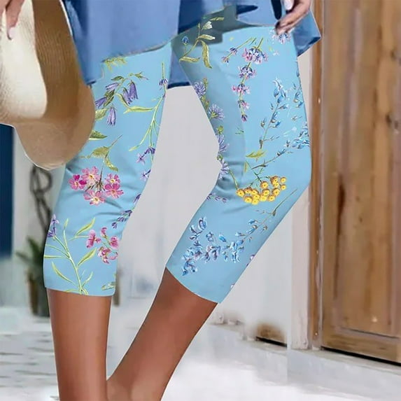 AOOCHASLIY 2023 Women's Pants Ladies Summer Casual Elastic Waist Printed Cropped Pants