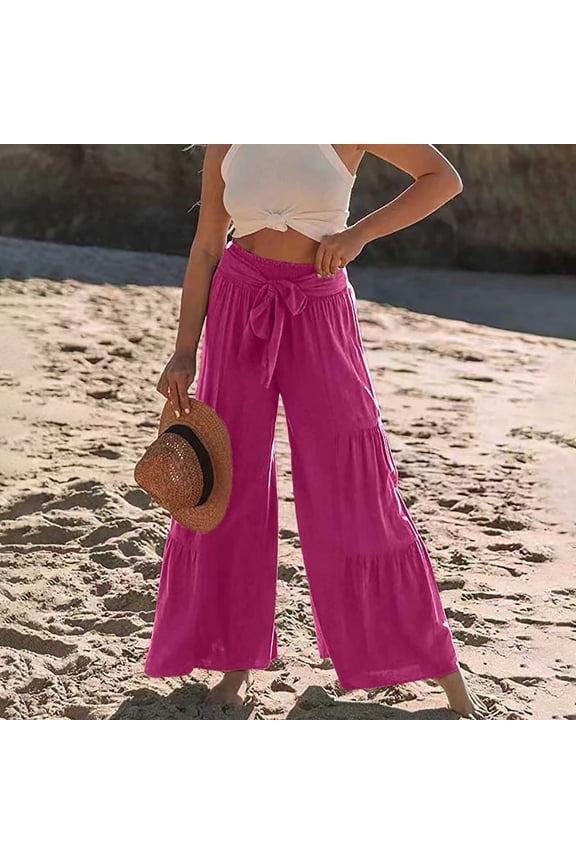 2023 Women's Pants Womens Fashion Casual High Waist Elastic Waist Drawstring Straps Solid Color Ruffle Wide Leg Pants