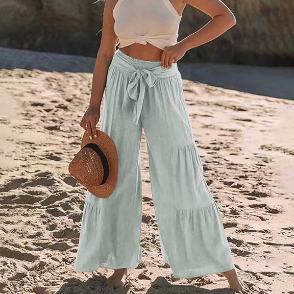 AOOCHASLIY 2023 Women's Pants Womens Fashion Casual High Waist Elastic Waist Drawstring Straps Solid Color Ruffle Wide Leg Pants