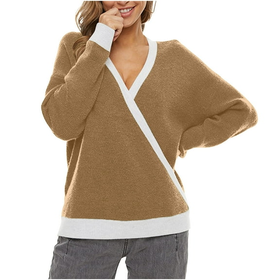 AOOCHASLIY 2023 Womens Sweater Fashion Women Casual Long Sleeve Casual Color Contrast Patchwork Sweater Blouse