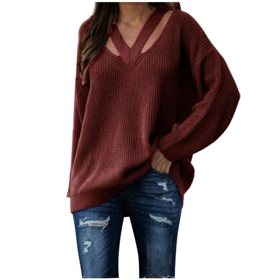AOOCHASLIY 2023 Womens Sweater Fashion Women Casual V-Neck Long Sleeve Sweater Blouse Pullver Tops