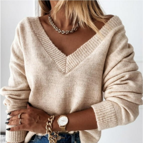 AOOCHASLIY 2023 Womens Sweater Fashion Women Solid Color Long Sleeve Pullove V-Neck Shirt Sweater Tops