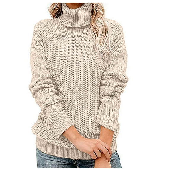AOOCHASLIY 2023 Womens Sweater Fashion Women Solid Long Sleeve Pullove Turtleneck-Neck Casual Sweater Tops