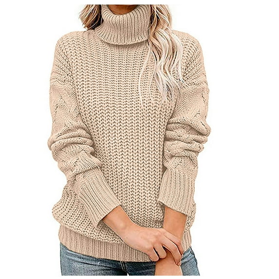 AOOCHASLIY 2023 Womens Sweater Fashion Women Solid Long Sleeve Pullove Turtleneck-Neck Casual Sweater Tops