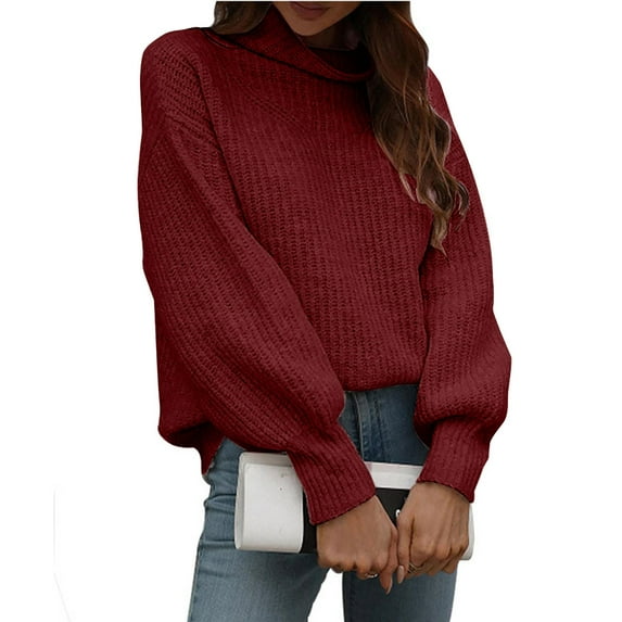 AOOCHASLIY 2023 Womens Sweater Fashion Women Solid Long Sleeve Pullove Turtleneck-Neck Casual Sweater Tops