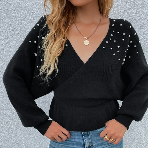 AOOCHASLIY 2023 Womens Sweater Fashion Womens V-Neck Winter Pearl Solid Long Sleeve Pullover Tops Sweaters