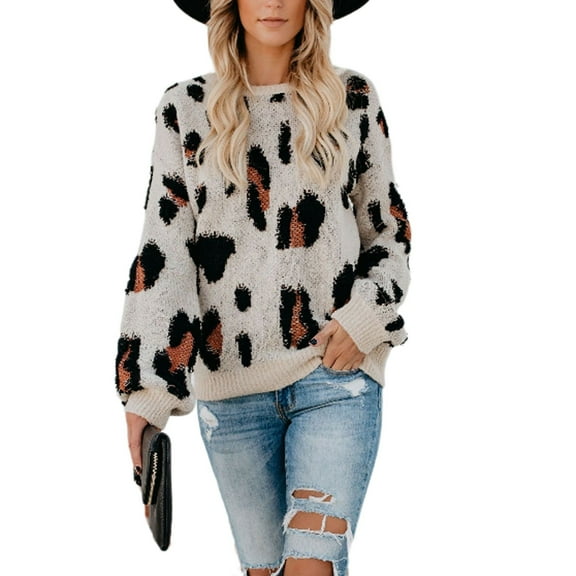AOOCHASLIY 2023 Womens Sweater Ladies Casual Long-Sleeved Leopard Print Round Neck Pullover Sweater