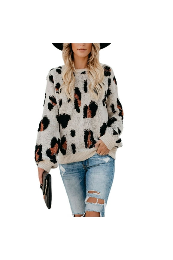 2023 Womens Sweater Ladies Casual Long-Sleeved Leopard Print Round Neck Pullover Sweater