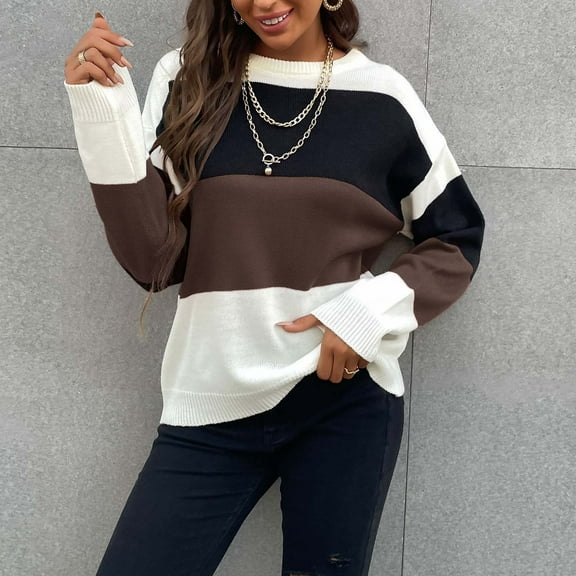AOOCHASLIY 2023 Womens Sweater Ladies Fashion Casual Pullover Knit Striped Intercolor Long Sleeve Crewneck Sweater Knitwear