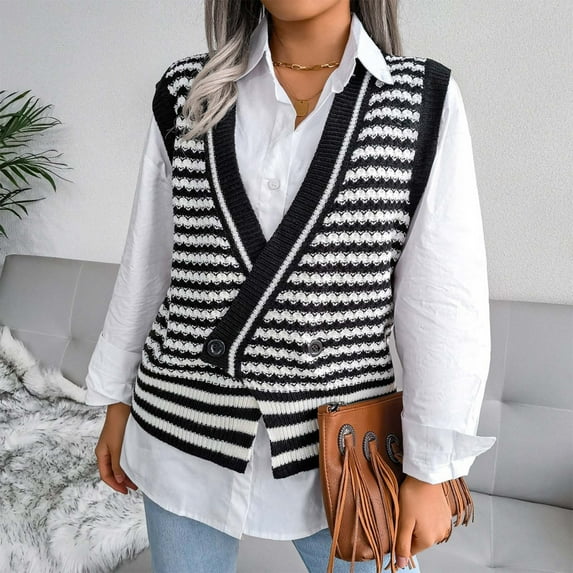 AOOCHASLIY 2023 Womens Sweater Women Fashion Casual Loose Stripe Splicing Sweater V-neck Sweater Vest