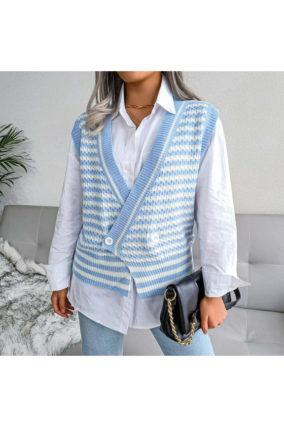 2023 Womens Sweater Women Fashion Casual Loose Stripe Splicing Sweater V-neck Sweater Vest