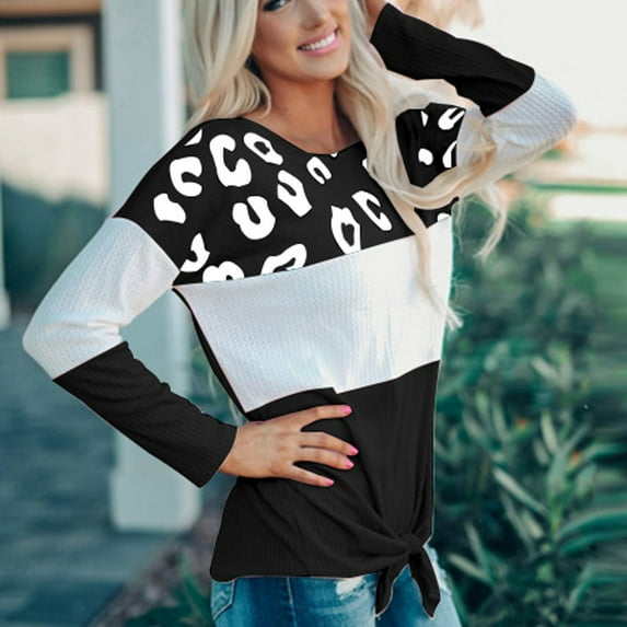 AOOCHASLIY 2023 Womens Sweater Women Fashion Stripe Leopard Print Comfortable Long Sleeves Sweater Tops