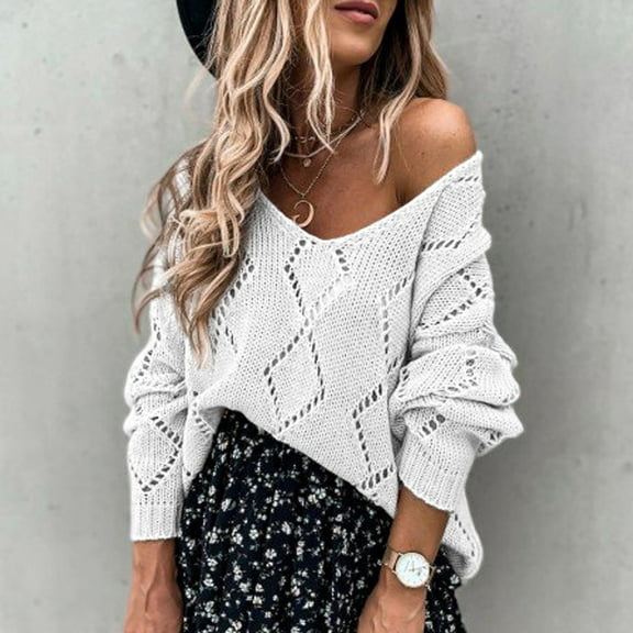 AOOCHASLIY 2023 Womens Sweater Women Fashion V-neck Solid Color Hollowing Out Long Sleeves Sweater Tops