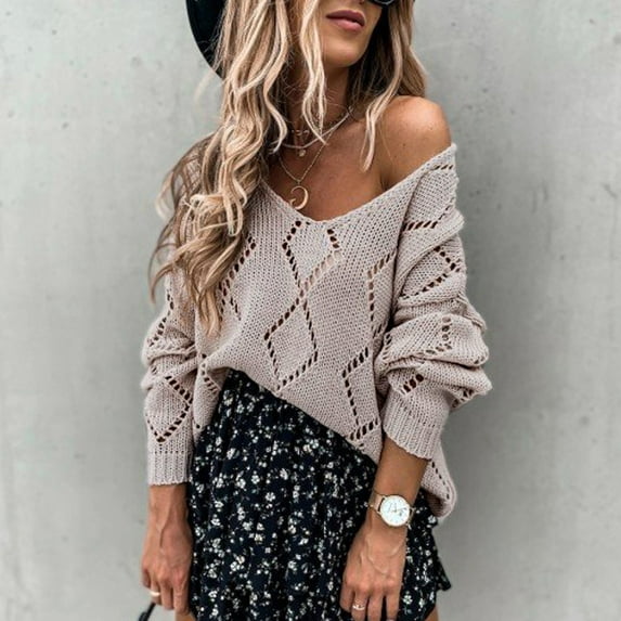 AOOCHASLIY 2023 Womens Sweater Women Fashion V-neck Solid Color Hollowing Out Long Sleeves Sweater Tops