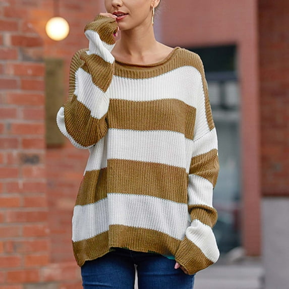 AOOCHASLIY 2023 Womens Sweater Women's Fashion Stripe Sleeves Round Neck Color Matching Loose Tops Blouse Knitted Sweater