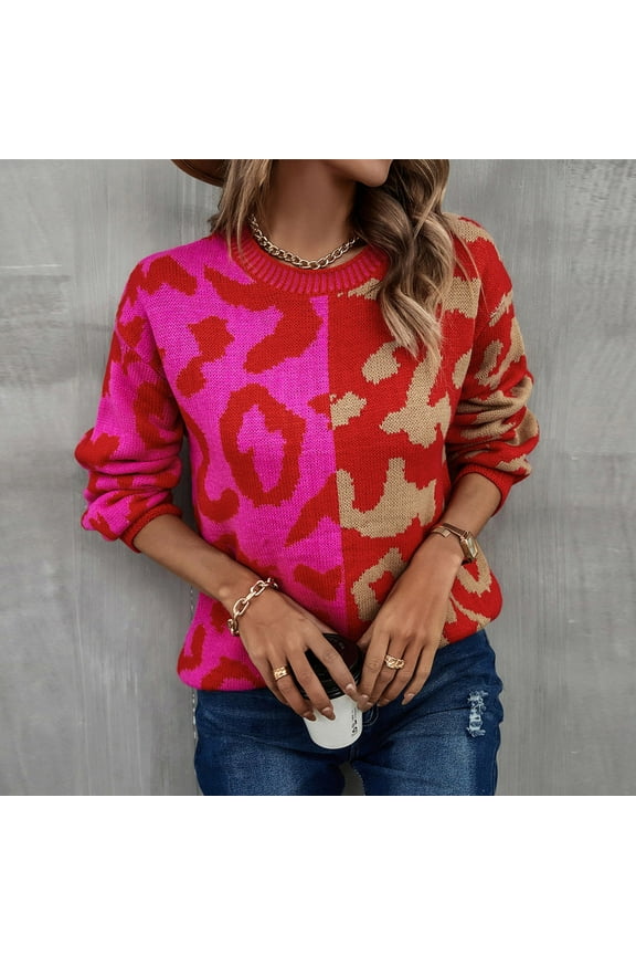 2023 Womens Sweater Women's New Leopard Print Long Sleeve Splicing Knitting Pullover Round Neck Sweater Tops