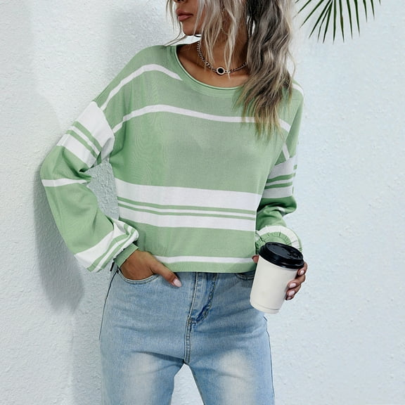 AOOCHASLIY 2023 Womens Sweater Women's Vintage Knit Short-cut Pullover with Stripe Round Neck Sweater