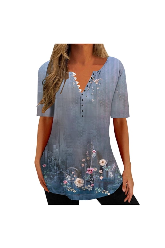 2024 Spring Women Shirt Women's Summer Floral Printing Tunic Shirt Regular Short Sleeves Button Tops V Neck Blouse