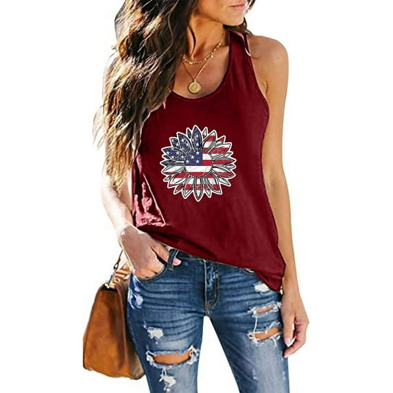 AOOCHASLIY American Flag Star Women Tops Fashion Women Casual Printing Independence Day Pullover Sleeveless T-Shirt Tops Blouse