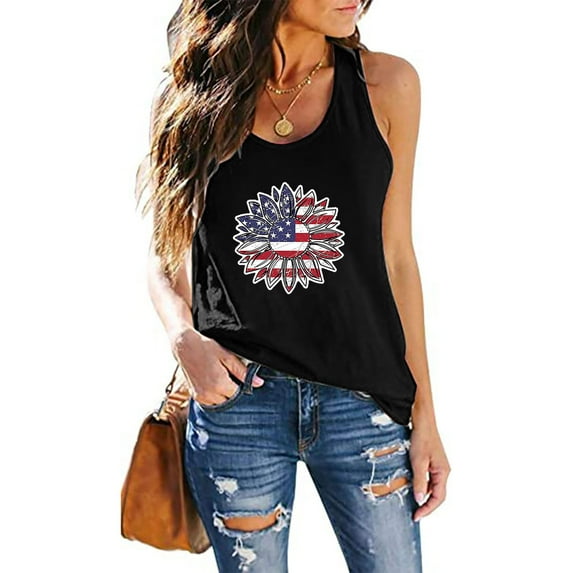 AOOCHASLIY American Flag Star Women Tops Fashion Women Casual Printing Independence Day Pullover Sleeveless T-Shirt Tops Blouse