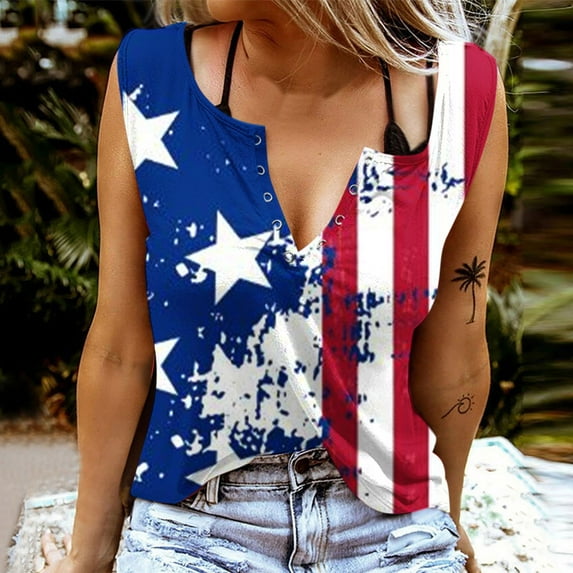 AOOCHASLIY American Flag Star Women Tops Fashion Women Round-Neck Sleeveless Vest Strapless Printed Tops