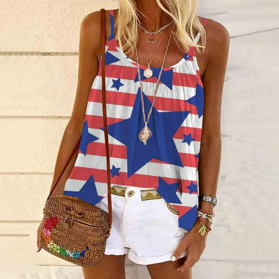 AOOCHASLIY American Flag Star Women Tops Fashion Women's Summer Round-Neck Sleeveless Print Casual CamisTop Blouse