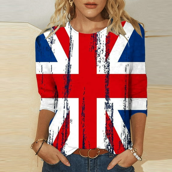 AOOCHASLIY American Flag Star Women Tops Women's Fashion Printed T-shirt Mid-length 3/4 Sleeves Blouse Round Neck Casual Tops