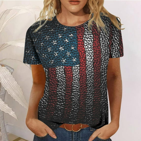 AOOCHASLIY American Flag Star Women Tops Women's Summer Casual Crewneck Short Sleeve T-Shirts Flag Print Fit Basic Tops Tees Blouses