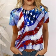 AOOCHASLIY American Flag Star Women Tops Women's Summer Casual Crewneck Short Sleeve T-Shirts Flag Print Fit Basic Tops Tees Blouses