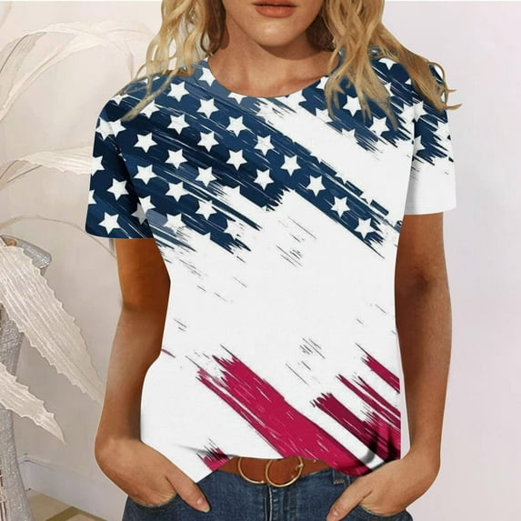 AOOCHASLIY American Flag Star Women Tops Women's Summer Casual Crewneck Short Sleeve T-Shirts Flag Print Fit Basic Tops Tees Blouses