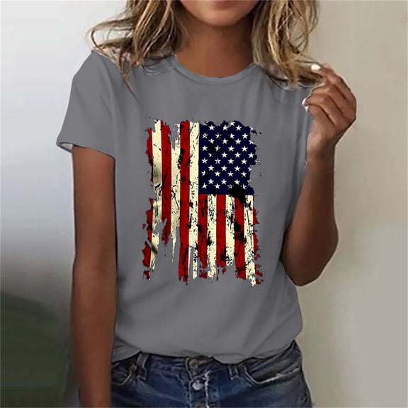 AOOCHASLIY American Flag Star Women Tops Women's Summer Casual Loose Fitting Independent Day Printed Round Neck Short Sleeved Women's Top