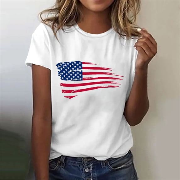 AOOCHASLIY American Flag Star Women Tops Women's Summer Casual Loose Fitting Independent Day Printed Round Neck Short Sleeved Women's Top