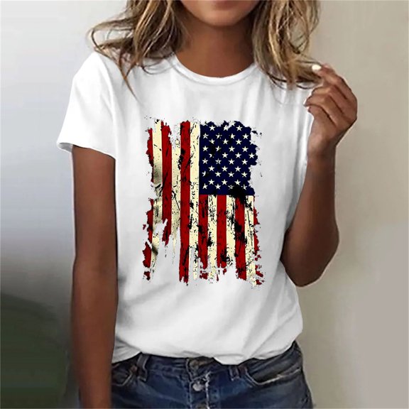 AOOCHASLIY American Flag Star Women Tops Women's Summer Casual Loose Fitting Independent Day Printed Round Neck Short Sleeved Women's Top