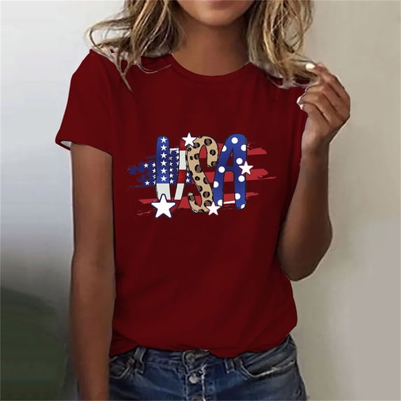 AOOCHASLIY American Flag Star Women Tops Women's Summer Casual Loose Fitting Independent Day Printed Round Neck Short Sleeved Women's Top