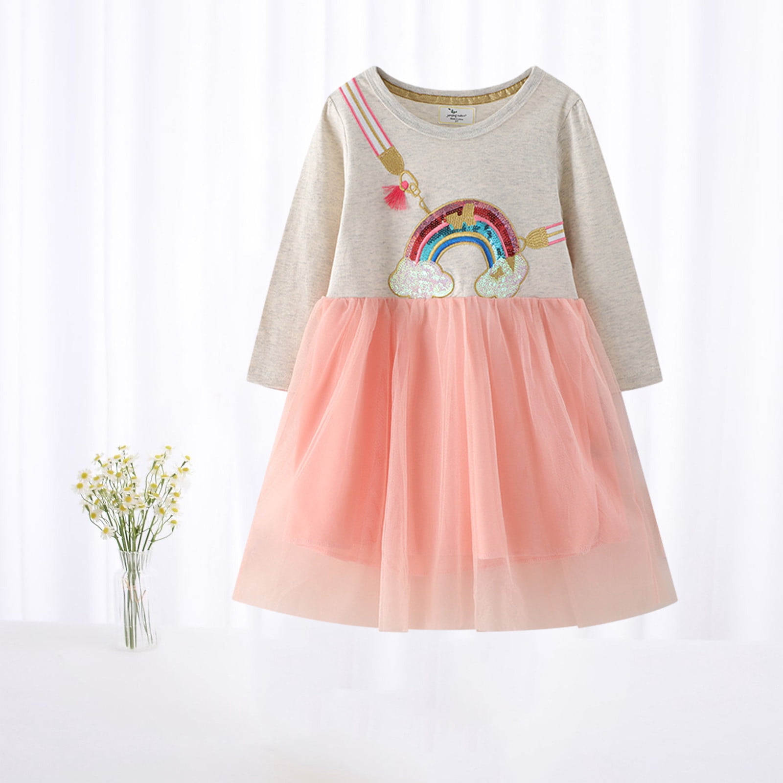 AOOCHASLIY Baby Days Clothes Young Girls 2-7 Years Old Cotton Dress Rompers Long-sleeved Dress Outerwear Outfits Dress Spring New Children's Dresses Long-Sleeved