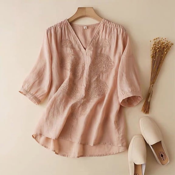 AOOCHASLIY Back to School Clearaces Women's Solid Colour Cotton and Linen Embroidery Vintage Literary Short Sleeve V-Neck Five Points Sleeve Top