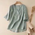 thumbnail image 1 of AOOCHASLIY Back to School Clearaces Women's Solid Colour Cotton and Linen Embroidery Vintage Literary Short Sleeve V-Neck Five Points Sleeve Top, 1 of 5