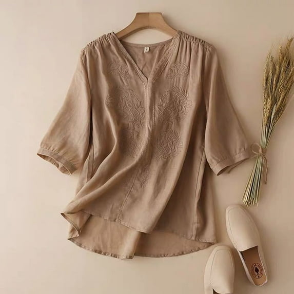 AOOCHASLIY Back to School Clearaces Women's Solid Colour Cotton and Linen Embroidery Vintage Literary Short Sleeve V-Neck Five Points Sleeve Top