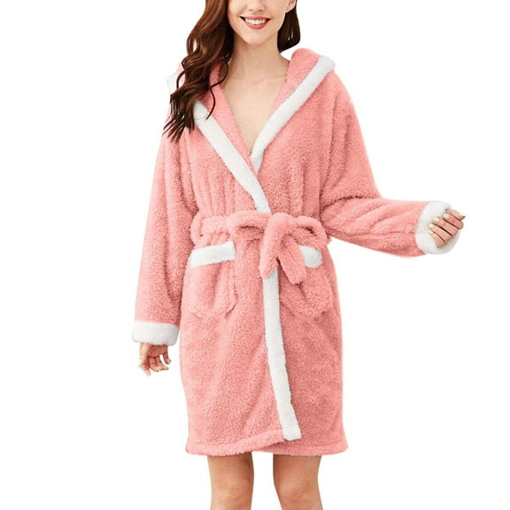 AOOCHASLIY Bath Robes for Women Clearance Winter Hooded Plush Robes Ladies Lengthened Plush Shawl Bathrobe Long Sleeve Robe Coat Robes