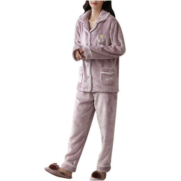 AOOCHASLIY Bath Robes for Women Ladies Fashion Flannel Solid Print Pocket Long Sleeve+ Long Pants Pajama Suit