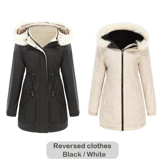 AOOCHASLIY Black and Friday Women Coat Christmas Gift Women's Reversible Warm Cotton Coat with Removable Hood, Hong Sleeve Zipper, Thick Cotton Coat, Hooded Casual Coat/Jacket
