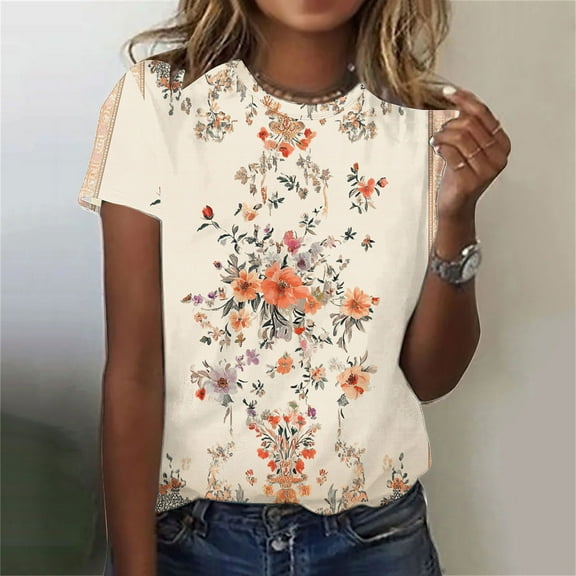 AOOCHASLIY Blouses for Women Feshion Casual Crewneck Short Sleeve Loose Fit Tops Fashion Summer Shirts