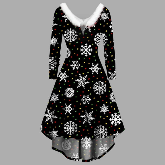 AOOCHASLIY Christmas Costumes for Women Plus Size Dress Solid Long Sleeve Furry V-Neck Draw Back Swing Dress