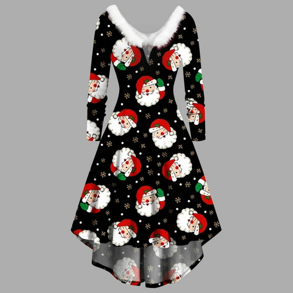 AOOCHASLIY Christmas Costumes for Women Clothes Plus Size Dress Solid Long Sleeve Furry V-Neck Draw Back Swing Dress