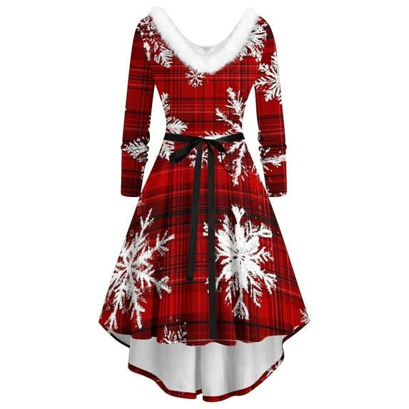 AOOCHASLIY Christmas Costumes for Women Plus Size Dress Solid Long Sleeve Furry V-Neck Draw Back Swing Dress