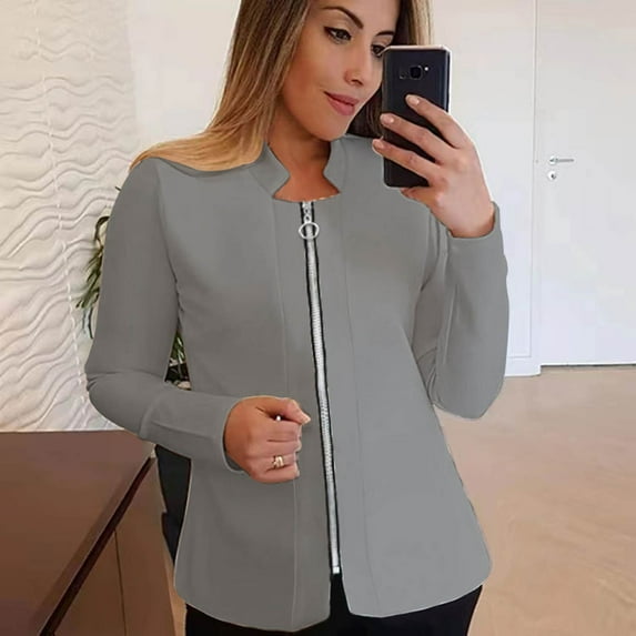 AOOCHASLIY Christmas Day Women Blouse Fashion Women Solid Zipper Versatile Lapel Long Sleeve Blazer Top Blouse